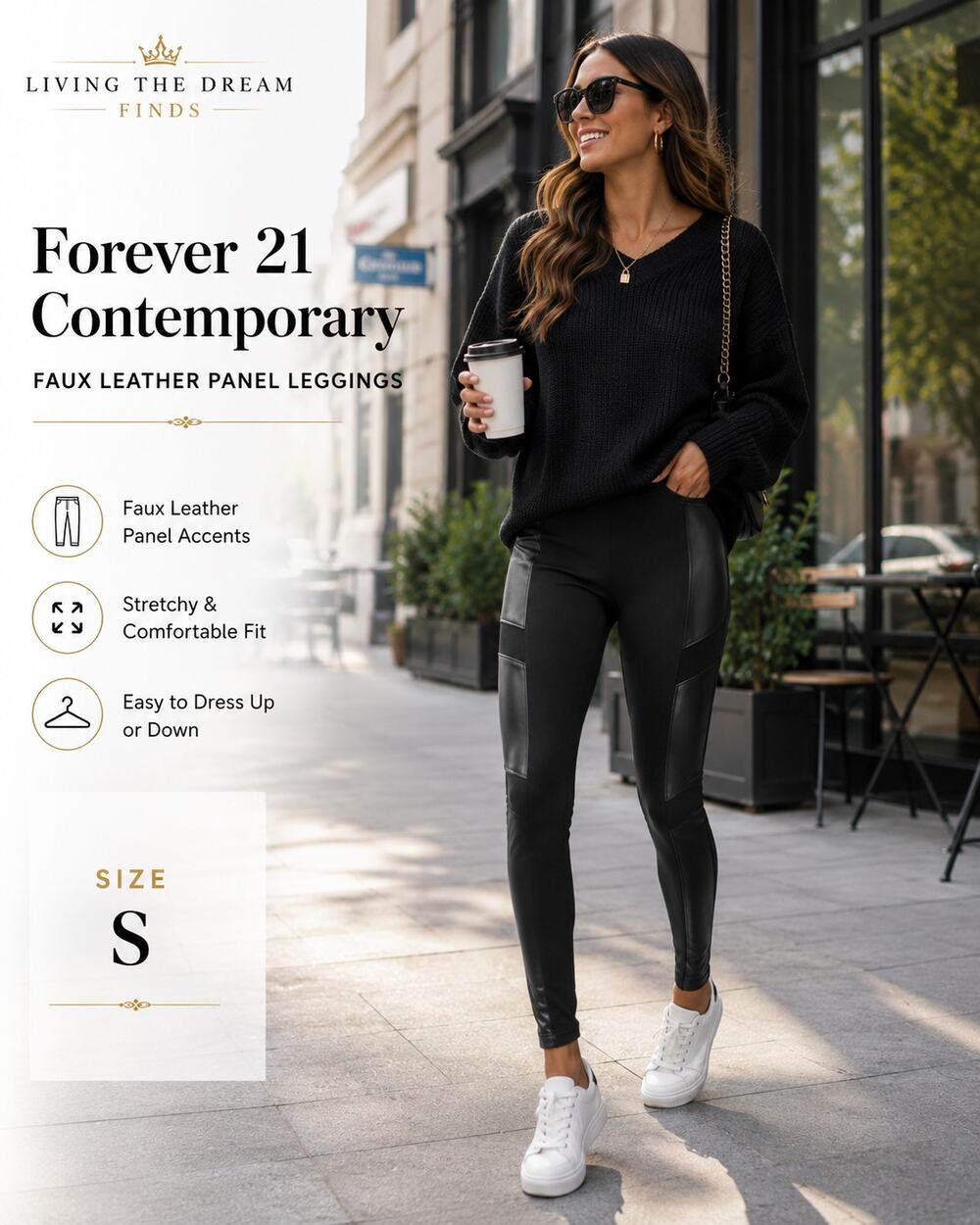 Forever 21 Contemporary Black Faux Leather Panel Leggings Women's Size S Stretch